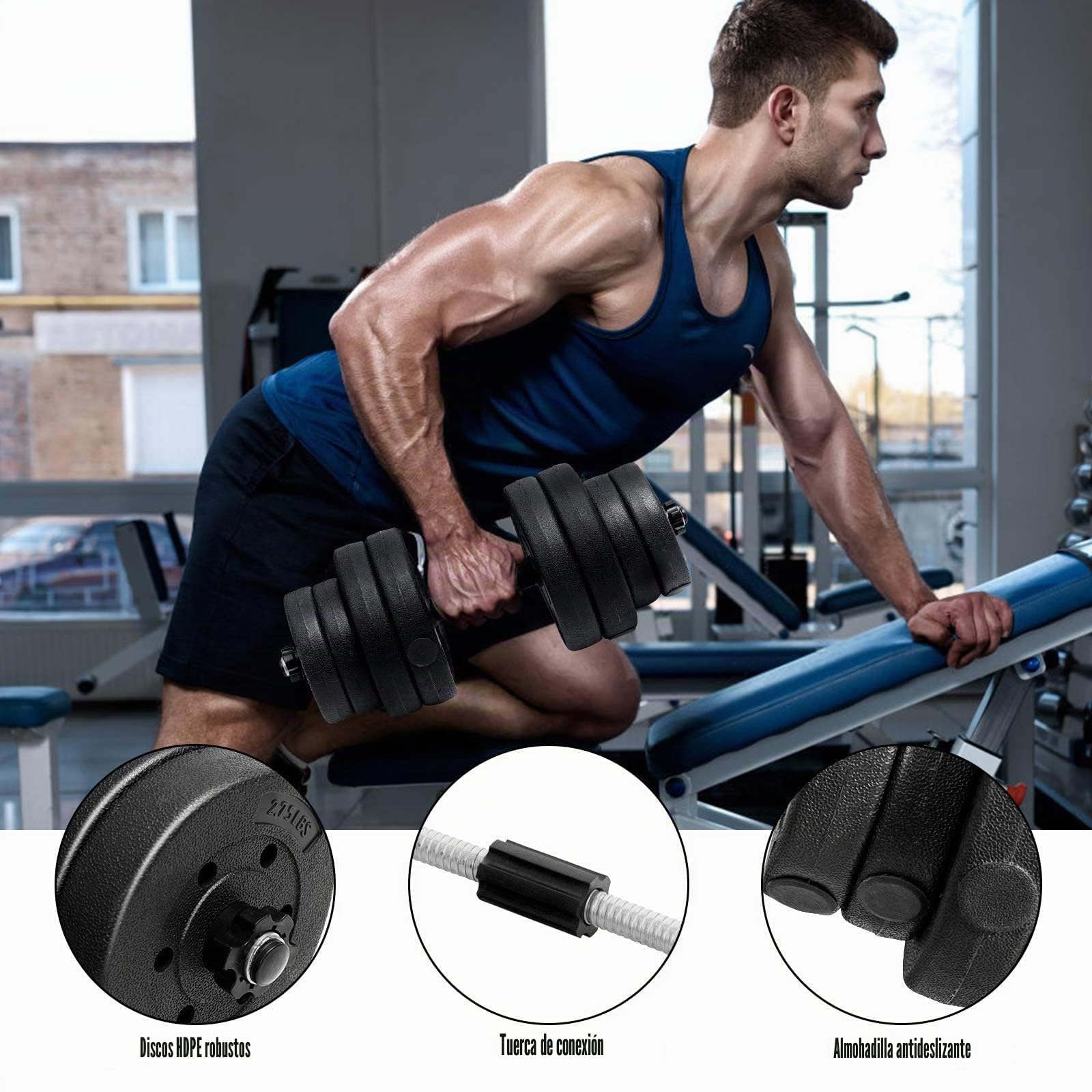 Goplus Juego de Mancuernas Ajustables de 30 kg, Juego de Pesas de Entrenamiento con 2 Barras, Juego de Mancuernas 2 en 1 para Levantamiento de Pesas con Agarre Antideslizante para Casa, Gimnasio