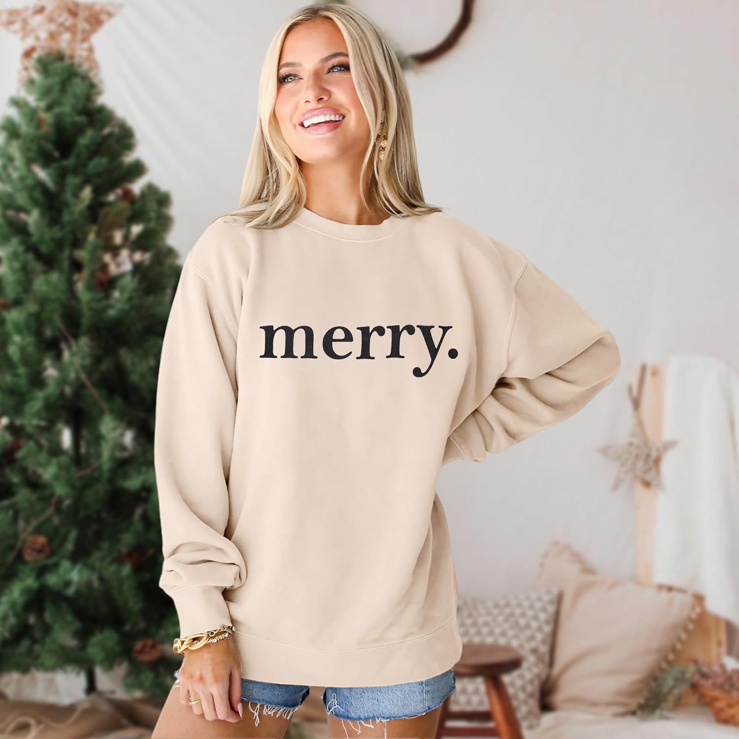 SOFEON Merry Christmas Sweatshirts For Women Holiday Long Sleeve Shirts Letter Print Crewneck Pullover Oversized Tops - Image 4