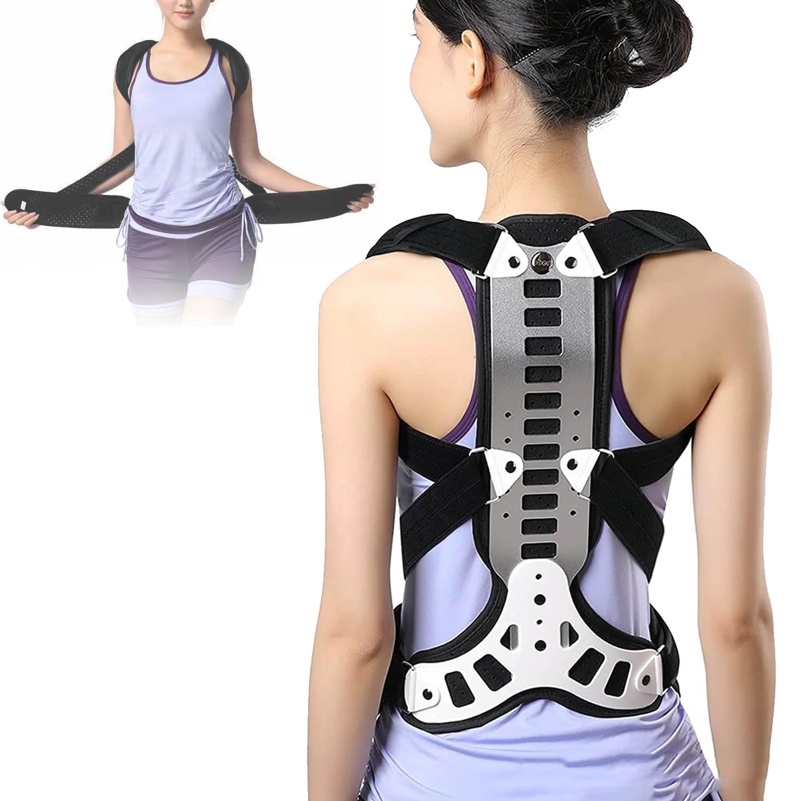 Corrector de Escoliosis, Corrector de Espalda para Cifosis Delgado y Ligero Tejido Transpirable Compuesto Aleación de Aluminio Plástico PE Postura Tirantes Soporte Lumbar S