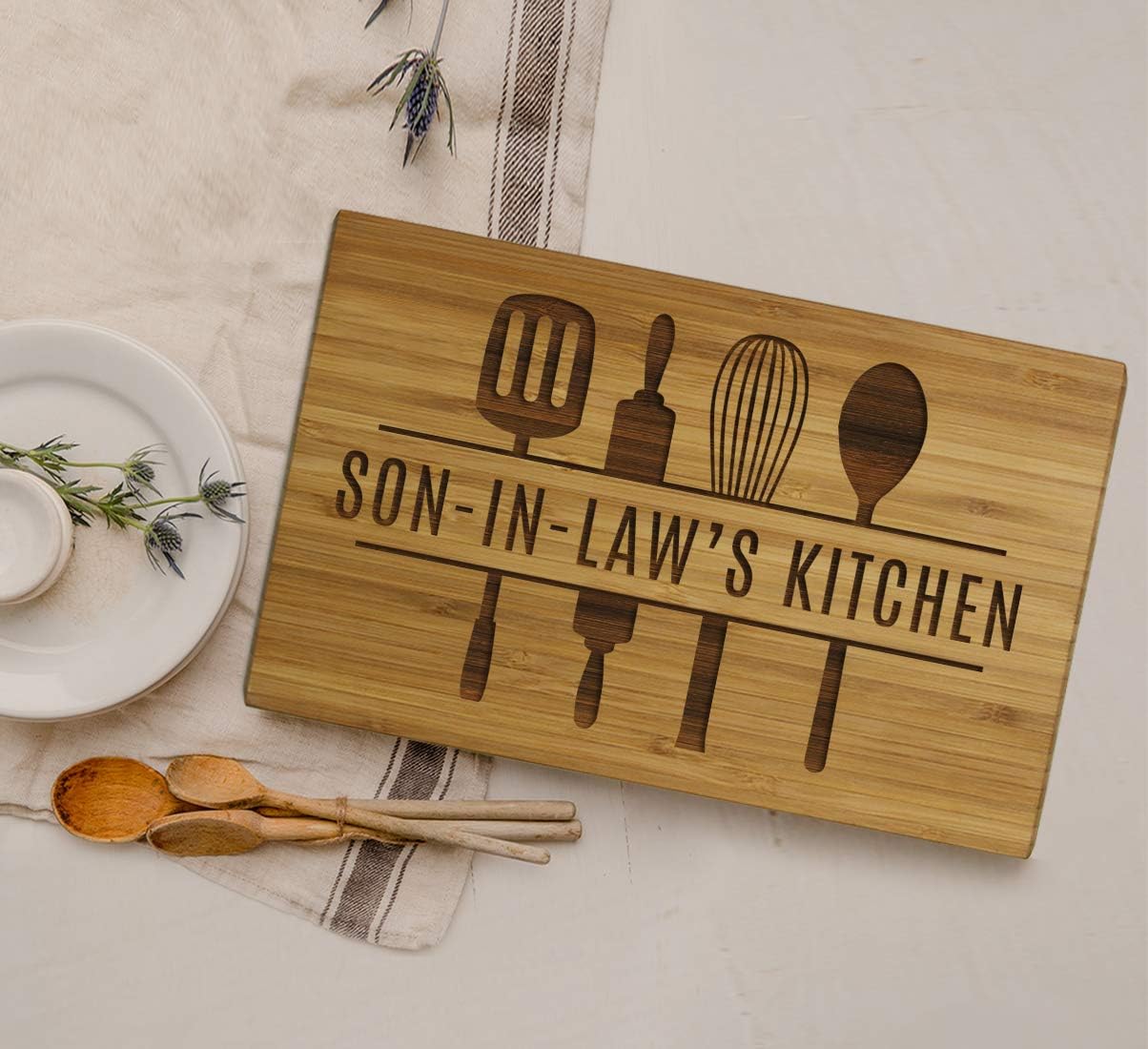 Andaz Press Large Bamboo Wood Cutting Board Gift, 17.75 x 11-inch, Son-In-Law's Kitchen, Utensils Graphic, 1-Pack, Laser Engraved Serving Chopping Board Christmas Birthday Chef Kitchen Ideas