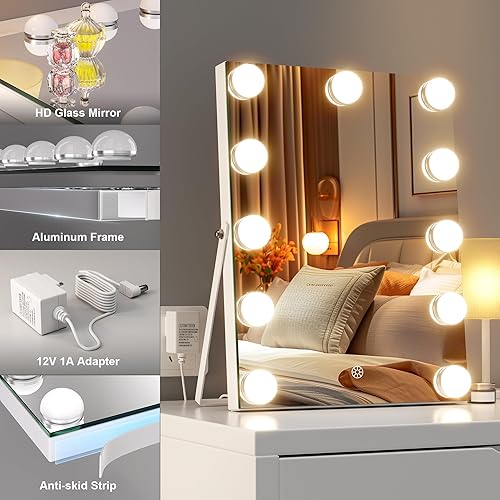 Miniatura 7 de Hasipu Espejo de tocador con luces, espejo Hollywood de 11 x 14 pulgadas, espejo de maquillaje con 11 bombillas regulables y aumento de 10X, 3 modos