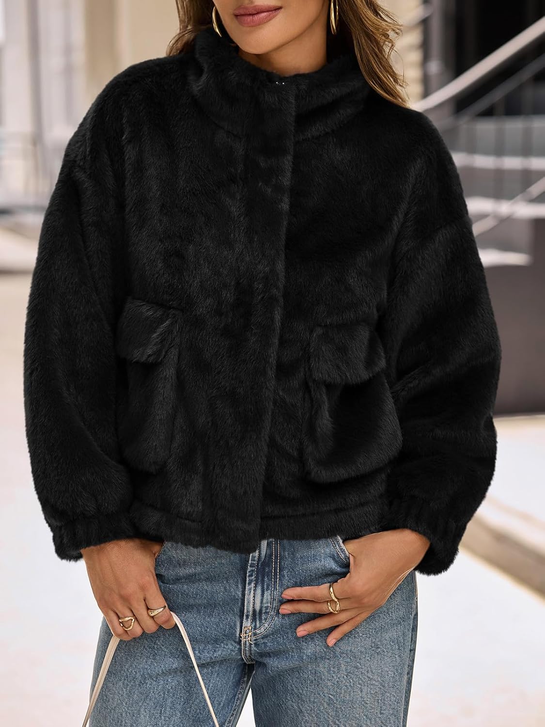 Tankaneo Womens Cropped Faux Fur Coat Fleece Stand Collar Zip Up Jacket 2025 Winter Warm Outerwear - Image 3