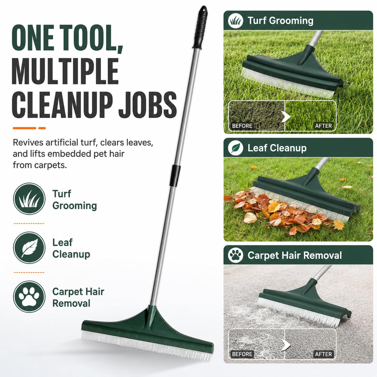 Rastrillo Multifuncional para Césped y Alfombras, Cepillo para Césped Artificial con Mango Telescópico Ajustable, Cepillo Manual para Terraza, Alfombras, Pelo de Mascotas y Jardín (2 PCS)