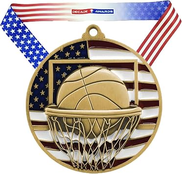 Decade Awards Patriotic Basketball Medal - Custom Engraved Basketball Medal with Stars and Stripes Neck Ribbon - Customize Now 2.75 Inch Wide