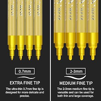 SFAIH Acrylic Gold Paint Pens - 8 Pack 2-3MM Medium Tip & 0.7MM Extra Fine Gold Markers Permanent for Rock, Wood, Metal, Fabric, Plastic, Glass, Ceramic, Diy Crafts, Large Ink Capacity, High Coverage