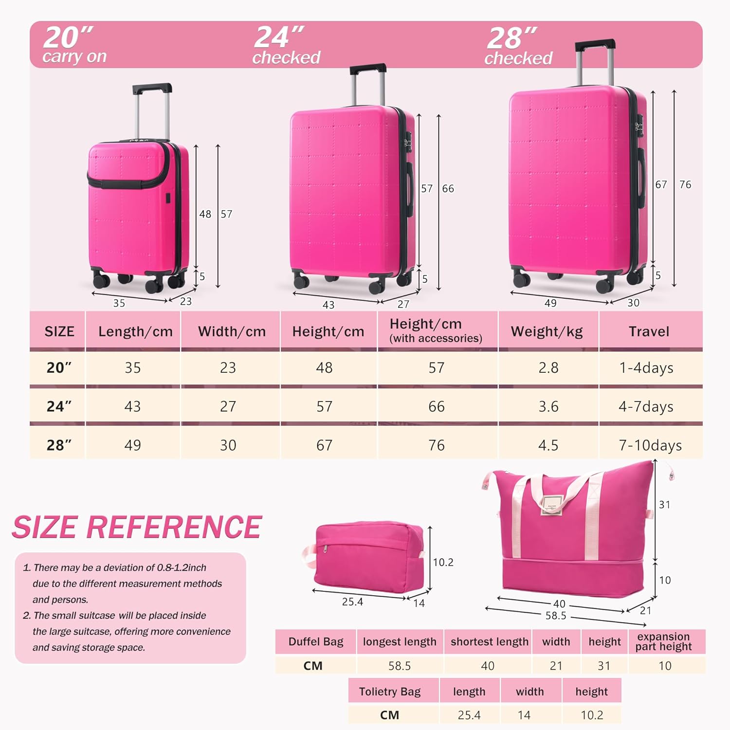 Merax Hardside Luggage Set 5 Piece with Bags,20IN Half-opening Carry on Luggage with USB Port, Expandable 24IN 28IN Luggage with Double Spinner Wheels TSA Lock, Hot Pink
