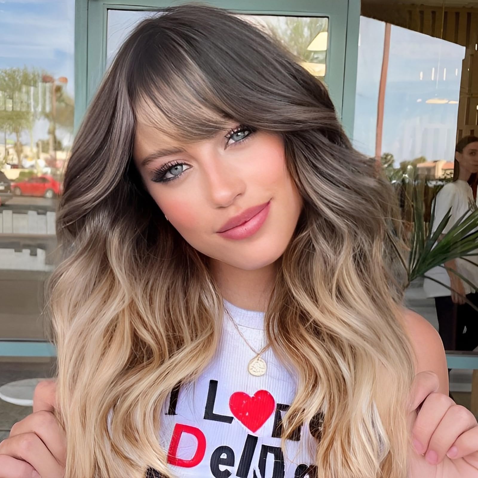 KOME Brown Wig with Bangs,Ombre Brown Blonde Wavy Wigs for Women,Shoulder Length Curly Synthetic Hair Wig for Party Daily Use 18IN…