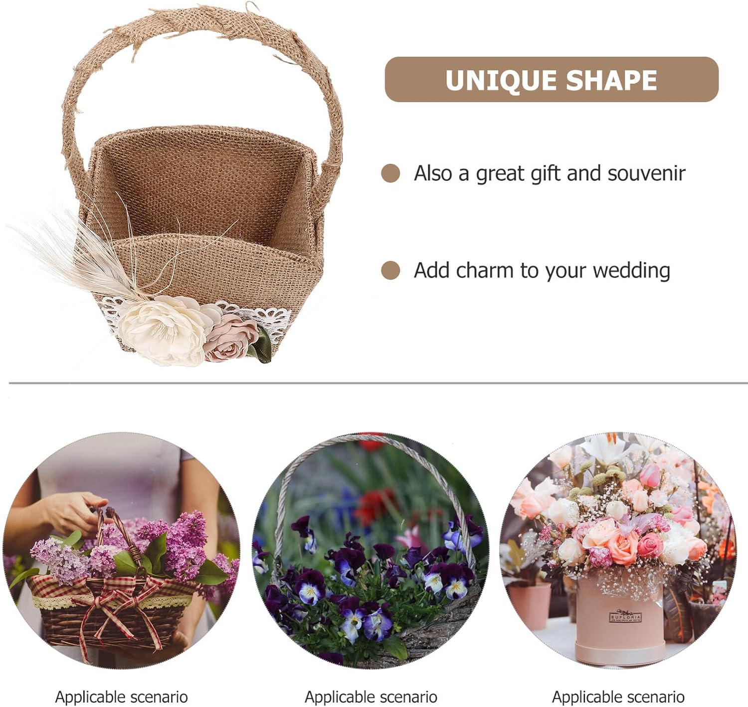 Rustic Wedding Flower Girl Basket with Plume Bow Linen Petal Holder Decorative Basket for Flower Ceremony Supplies