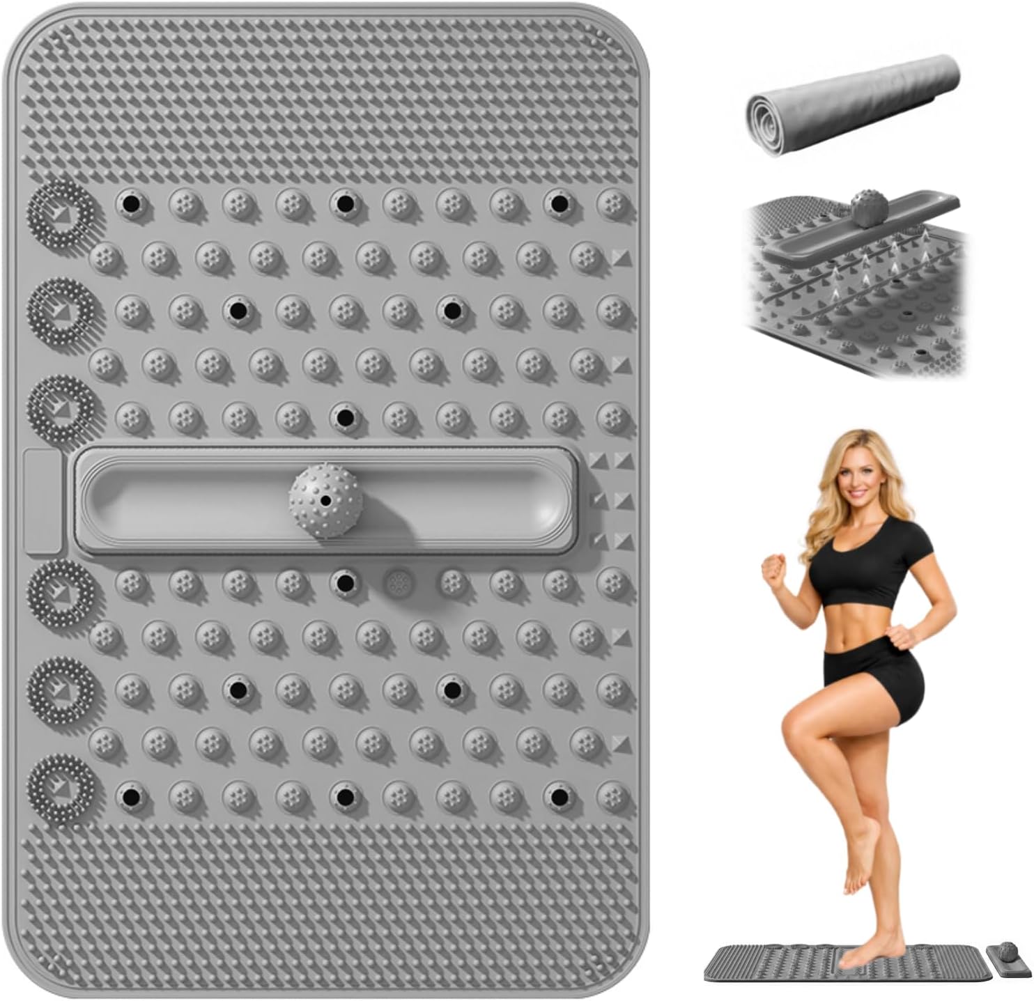 Foot Massage Mat with Soft TPE Silicone – Reflexology Acupressure Foot Pad with Removable Massage Ball, Roll-Up Portable Design for Plantar Fasciitis, Foot Pain Relief & Circulation, Home Office Use