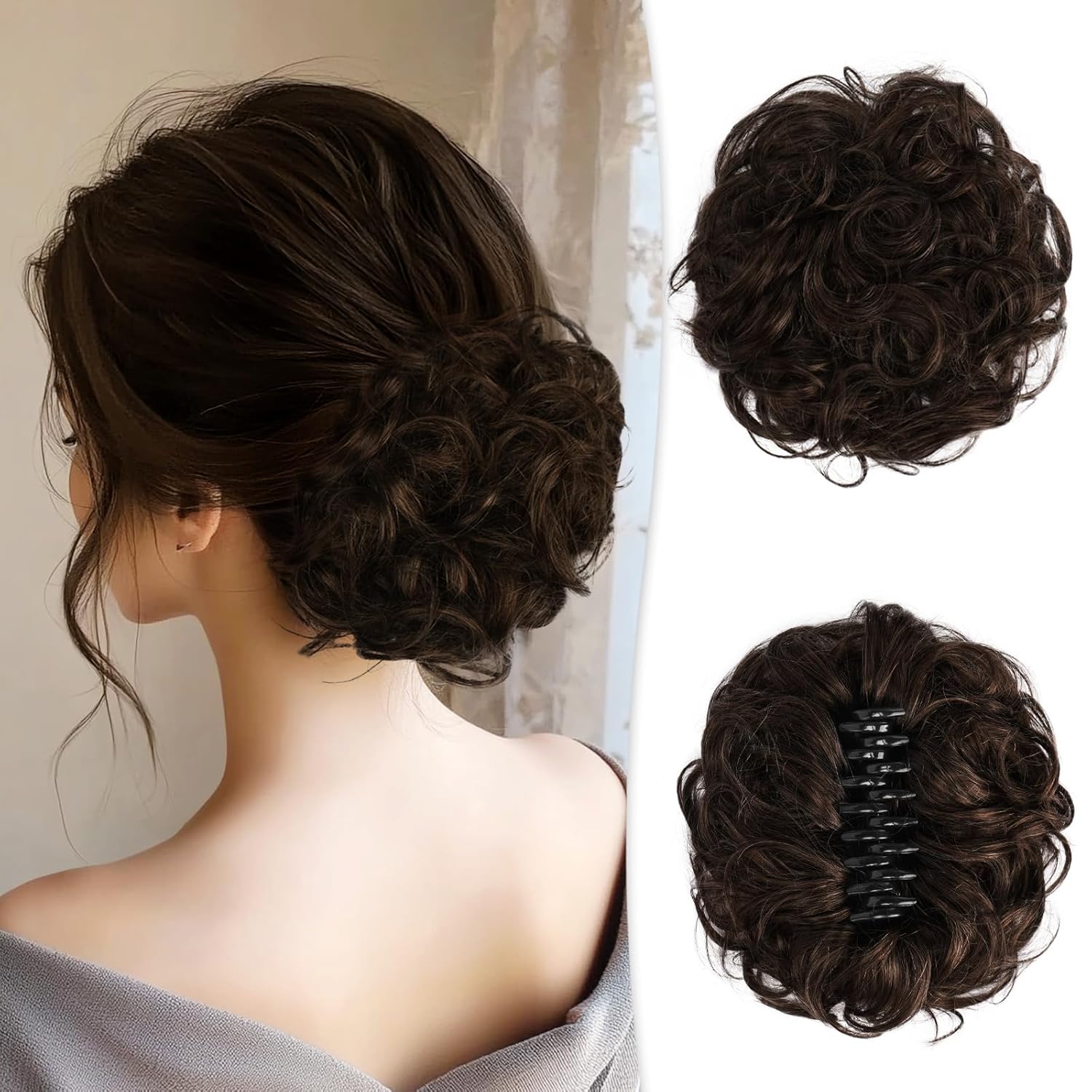 RUWISS Large Messy Bun Hair Piece with Claw Clip Human Hair Bun Wavy Curly Chignon Hair Bun Extensions Updo Hair Pieces for Women Claw Clip Ponytail for Women, Dark Brown with 15% Dark Cocoa Blonde 45g Dark Brown with 15% Dark Cocoa Blonde