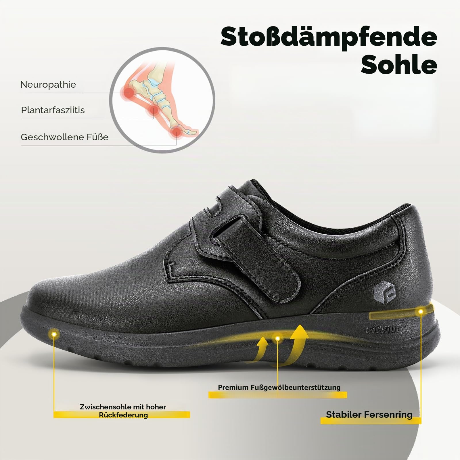 FitVille Diabetiker Schuhe Damen Extra Weit Leder Mokassins Slippers Orthopädische Schuhe mit Klettverschluss Verstellbare Loafers Bequemer Elegant Walkingschuhe für Geschwollene Füße