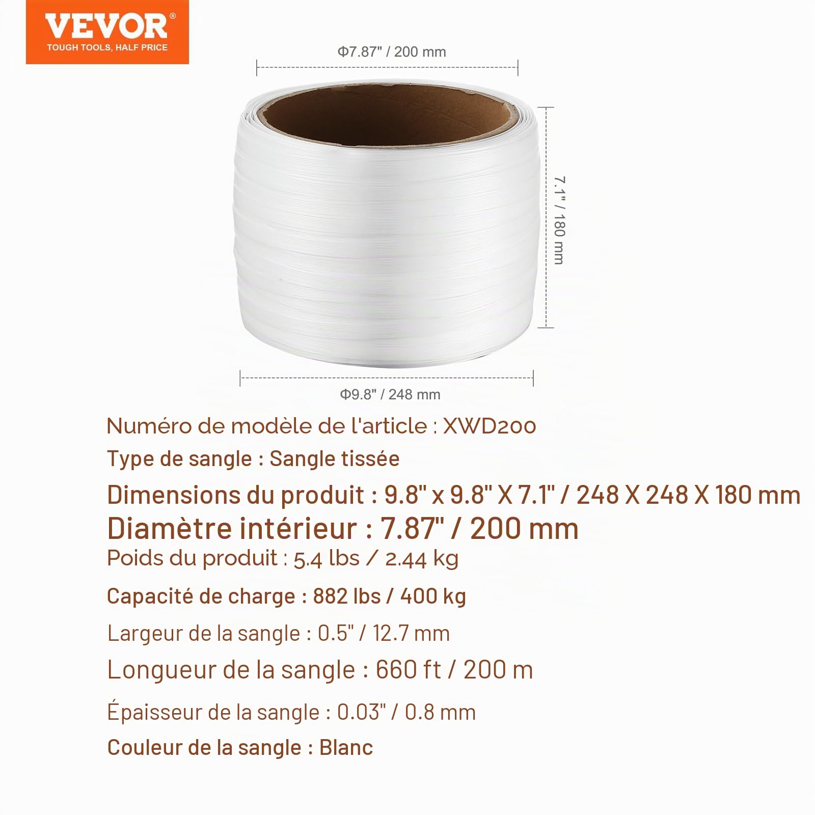 VEVOR Rouleau de cerclage en sangle tissée pour emballage, 200 m x 12,7 mm x 0,8 mm, bobine de cerclage robuste pour palettes, haute résistance 400 kg, feuillard de cerclage tressé portable, blanc