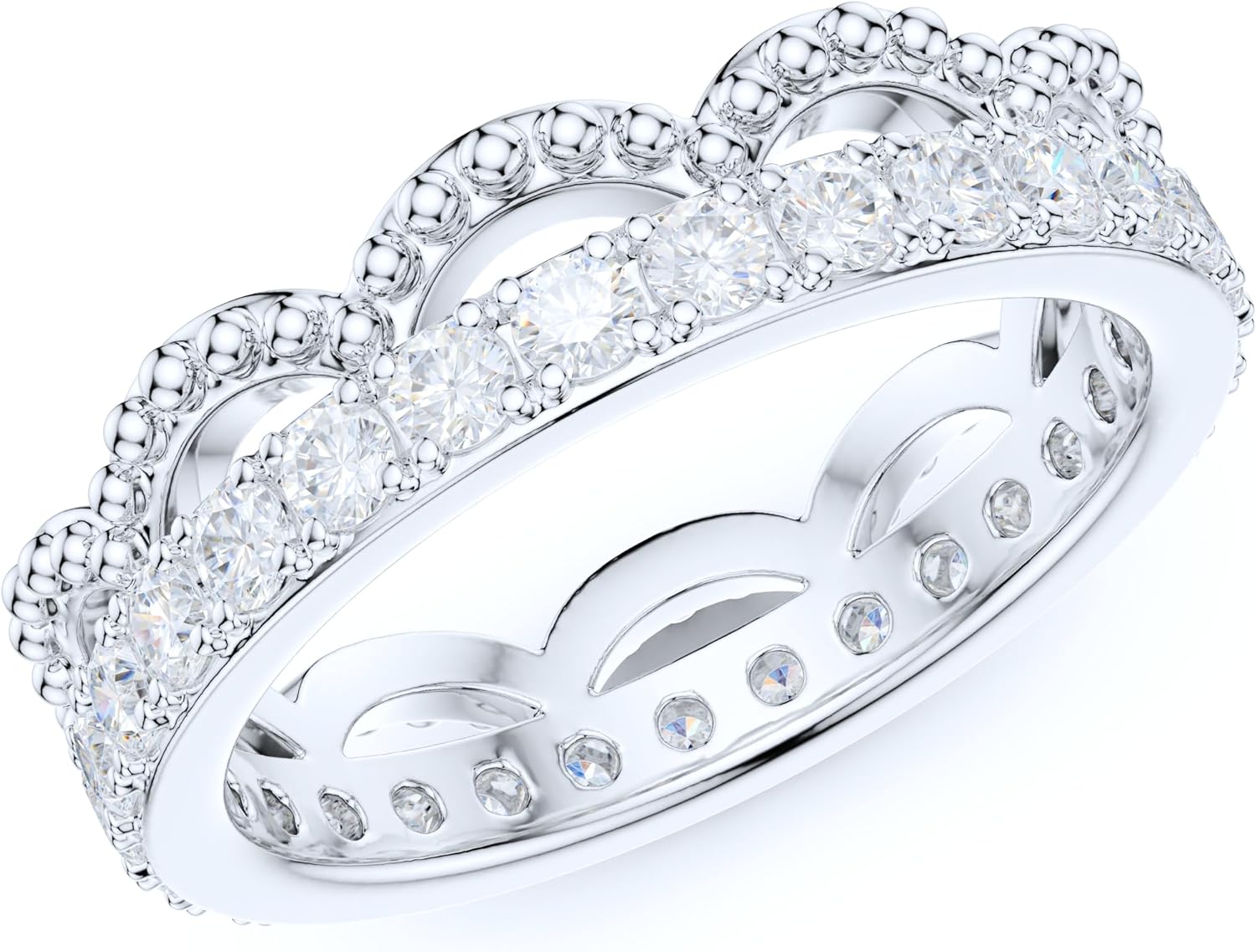 THELANDA Sterling Silver 5mm Milgrain Waves Crown Simulated Round Diamond or Genuine Moissanite Full Eternity Band Wedding Ring