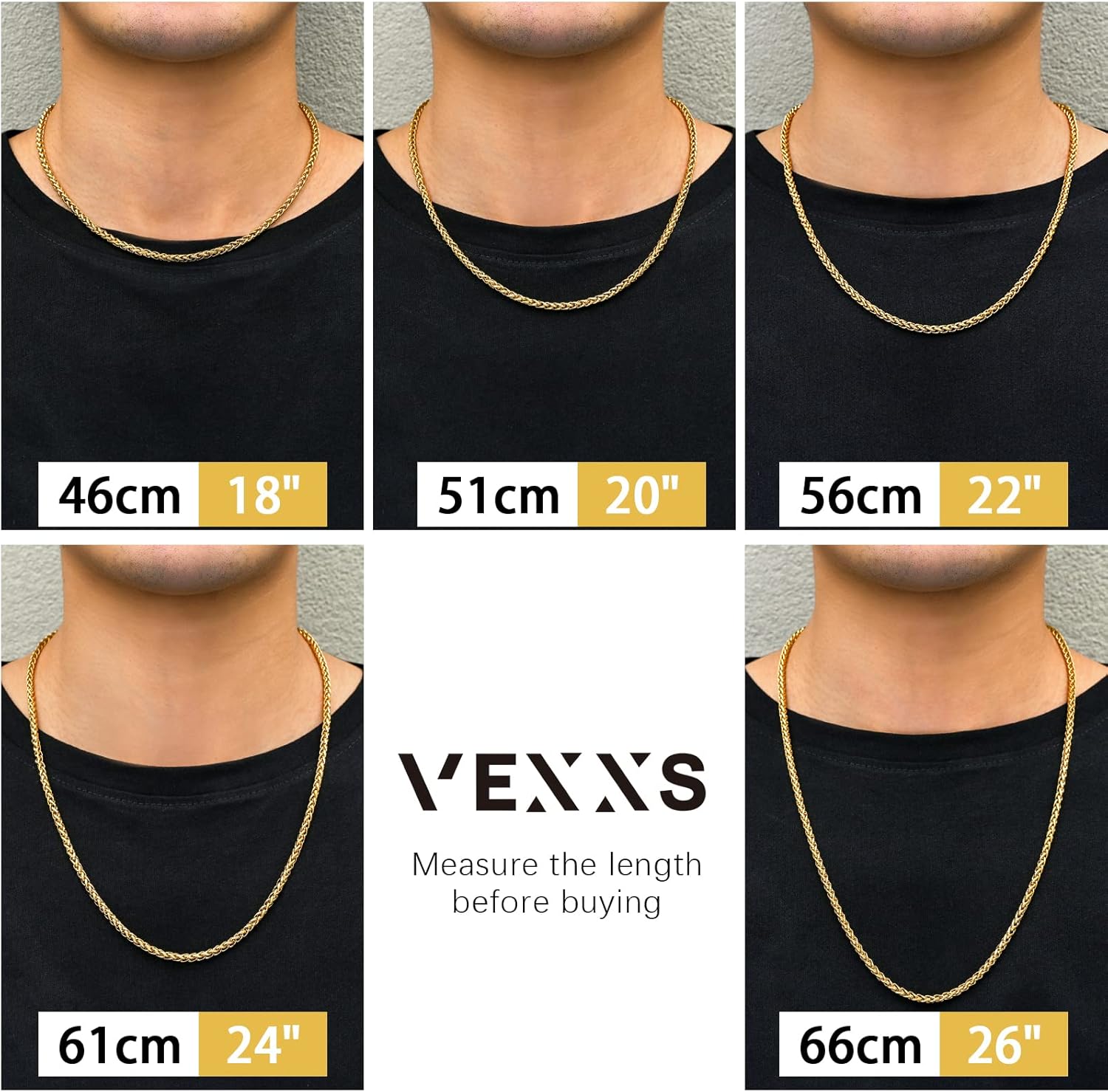 VEXXS Wheat Chain, 18K Real Gold Plated Men’s Necklace Gold Chain, Durable No Color Fading 3mm 4mm Miami Cuban Link Chain Urban Fashion Street Wear - Image 4