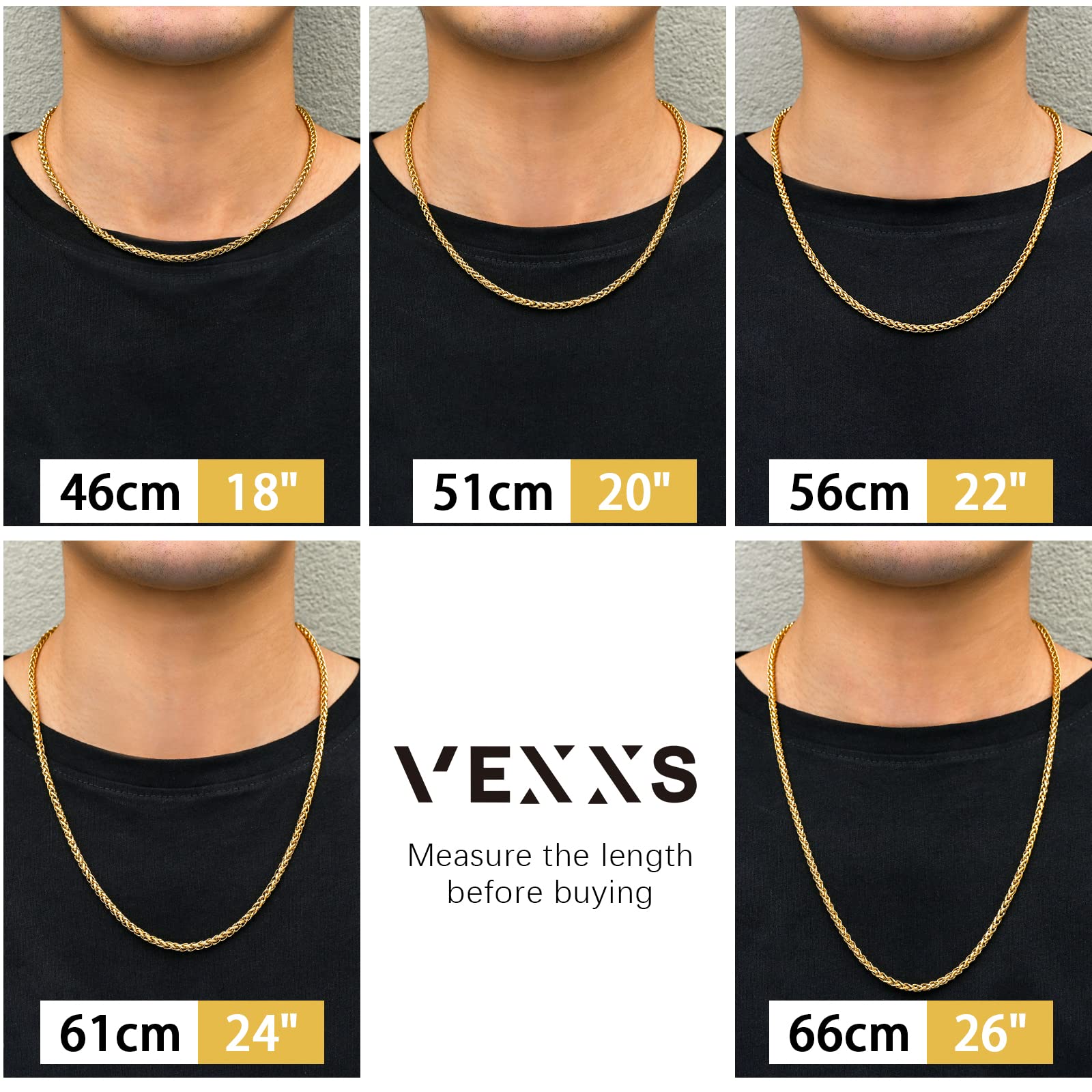 VEXXS EXXS Goldkette Herren Kordelkette,18 Karat Vergoldet 3/4/5mm Edelstahl halskette Herren Kette,Goldkette für Herren Damen Männer Jungen, Schmuck Geschenk,46-66cm