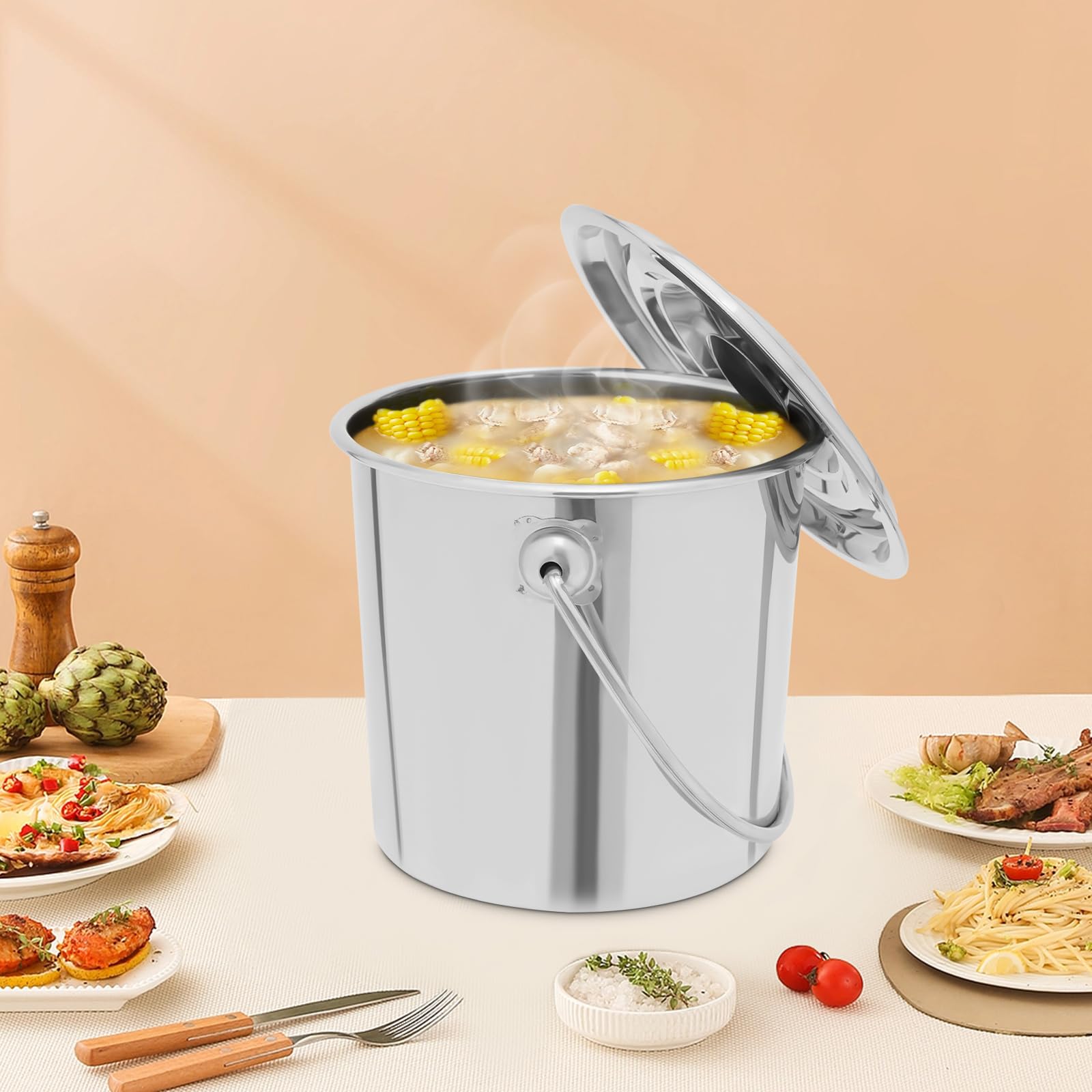 Cubo de acero inoxidable con tapa, cubo de cocina, cubo de comida con asa, cubo de cocina redondo, cubo para alimentos, productos químicos y detergentes, adecuado (6L)