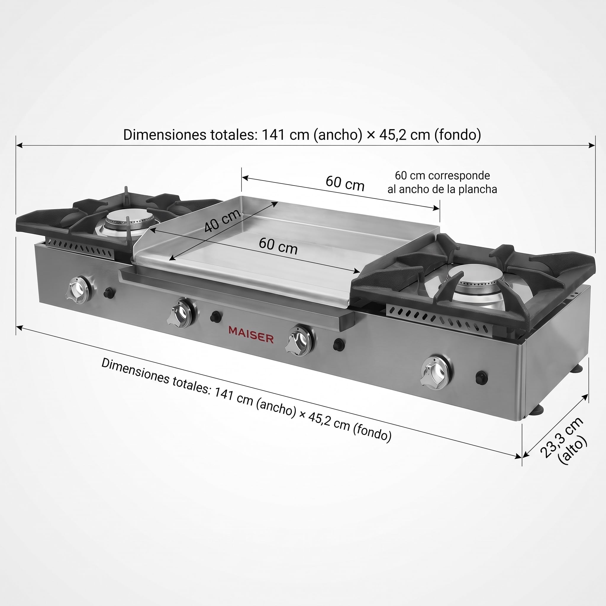Cocina Gas Butano con Plancha Cromo Duro 60 cm, 2 Fuegos