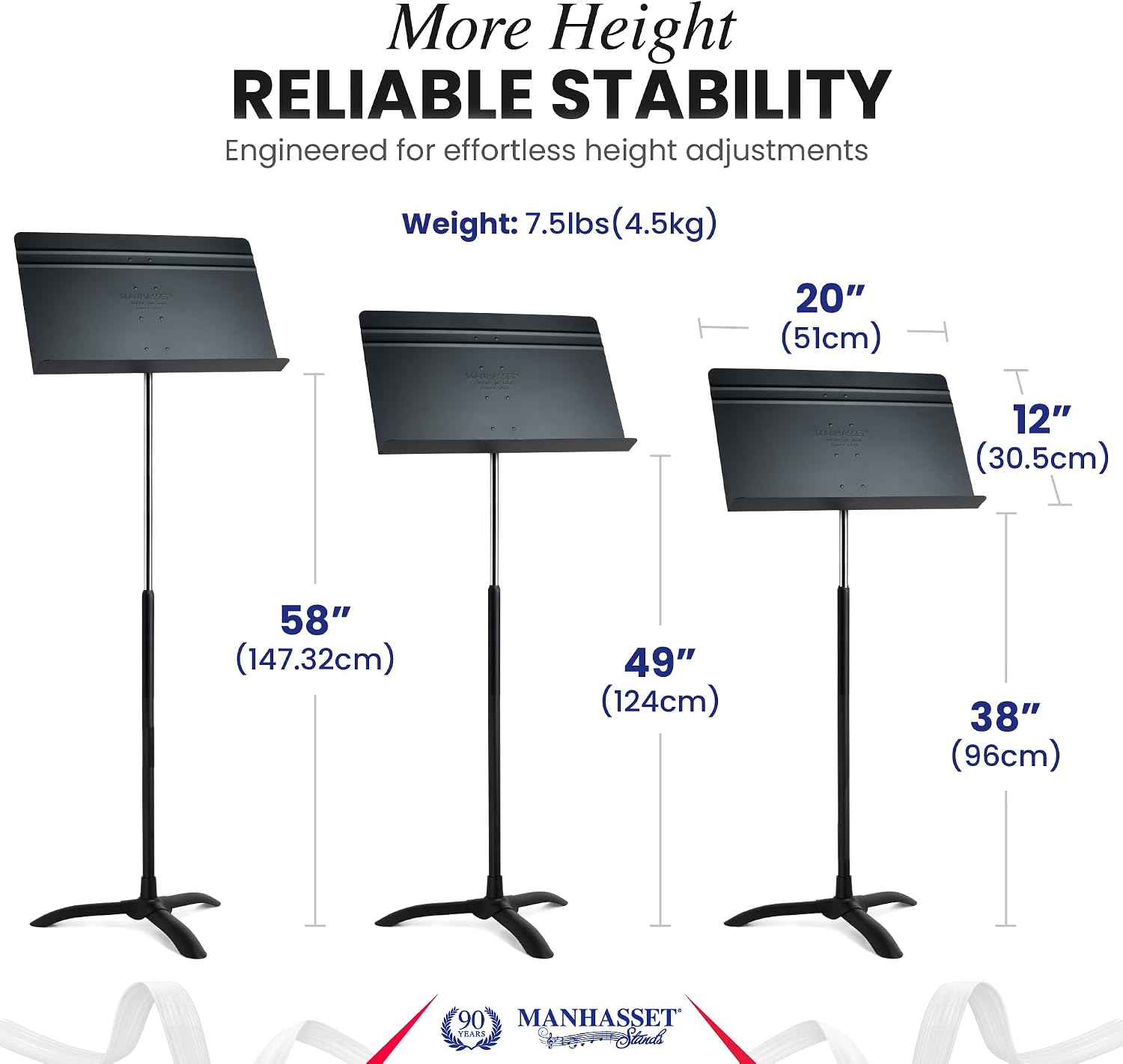 Manhasset Music Stand for Sheet Music - Tall Symphony Model 48TA - Long Lasting, Durable Manhasset Stand - Adjustable Height - 38" to 58" - Made in the USA