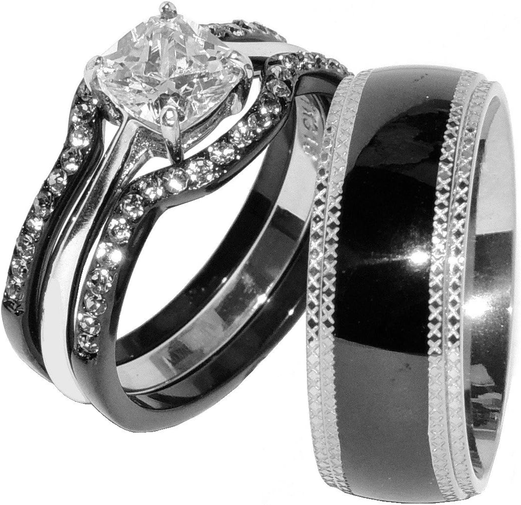 His & Hers 4 PCS Black IP Stainless Steel CZ Wedding Ring Set/Mens Matching Band