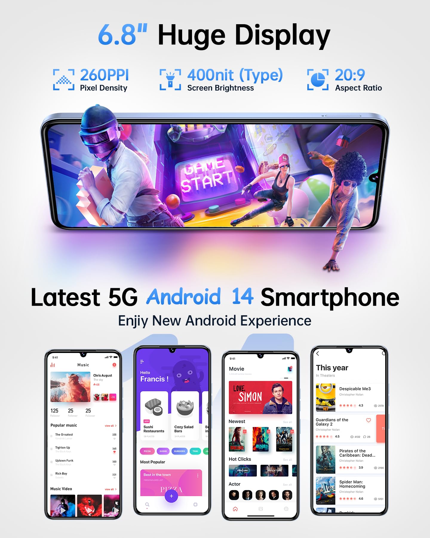 OUKITEL C50 Smartphone 5G Android 14 2024, 24GB+128GB/1TB Telefono, 6.8" HD+ Cellulare, 50MP Telefoni, Dimensity 6100+ Cellulari, 5150mAh Telefono Cellulare, Dual SIM Smartphone, Face ID/GPS/OTG, Blu