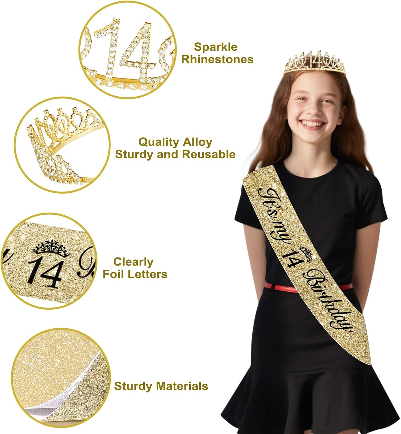 14th Birthday Decorations for Girls, Champagne Gold Happy 14 Year Old Gifts for Girls, 14 Sash and Crown, Banner, Fringe Curtains, Hanging Paper Fans, 14th Birthday Party Decorations