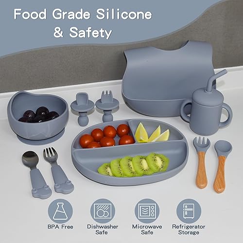 Miniatura 3 de SILI FACTORY Juego de alimentación de silicona para bebés, cuenco de succión con tapa y platos divididos para niños pequeños, pechera ajustable,