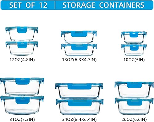 Miniatura 2 de Paquete de 12 recipientes de vidrio para preparación de comidas con tapas herméticas, recipientes de almacenamiento de alimentos a prueba de fugas,