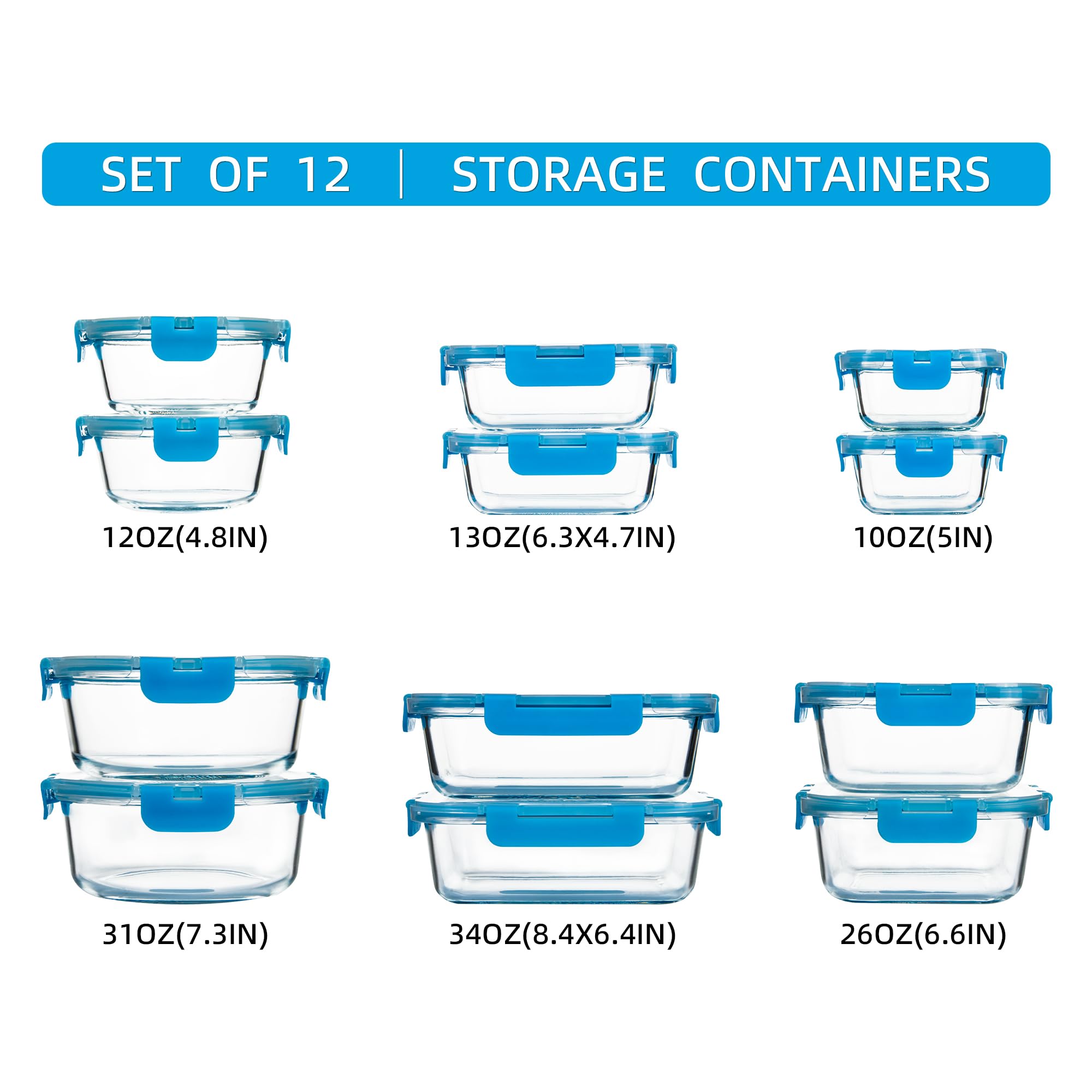 FAWLES 12 Stück Glas Meal Prep Container mit luftdichten Deckeln, auslaufsichere Frischhaltedosen, spülmaschine/mikrowellen/ofen/gefriergeeignet, Glasbehälter für Mittagessen, Reste, to Go (blau)