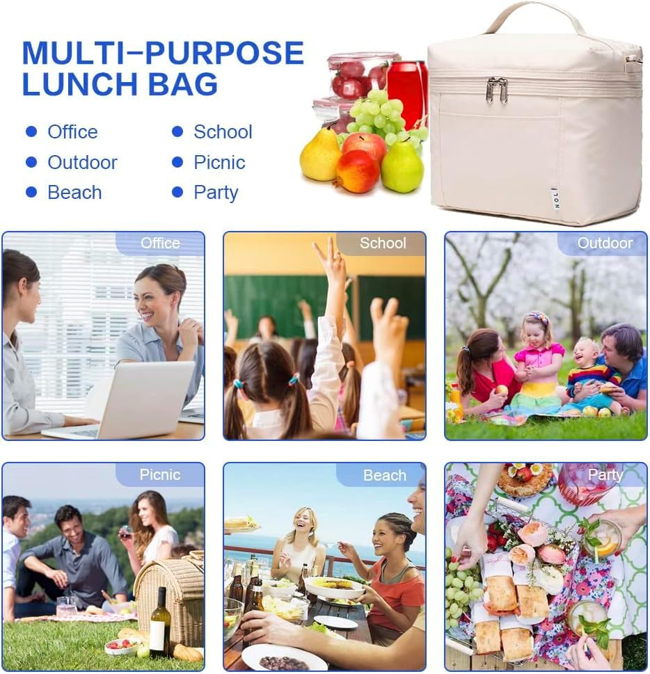 NOL Natural Organic Lifestyle Insulated Lunch Bags for Women Cooler Bag Lightweight Nylon Waterproof Lunch Box For Work（Medium, Cream - Image 9