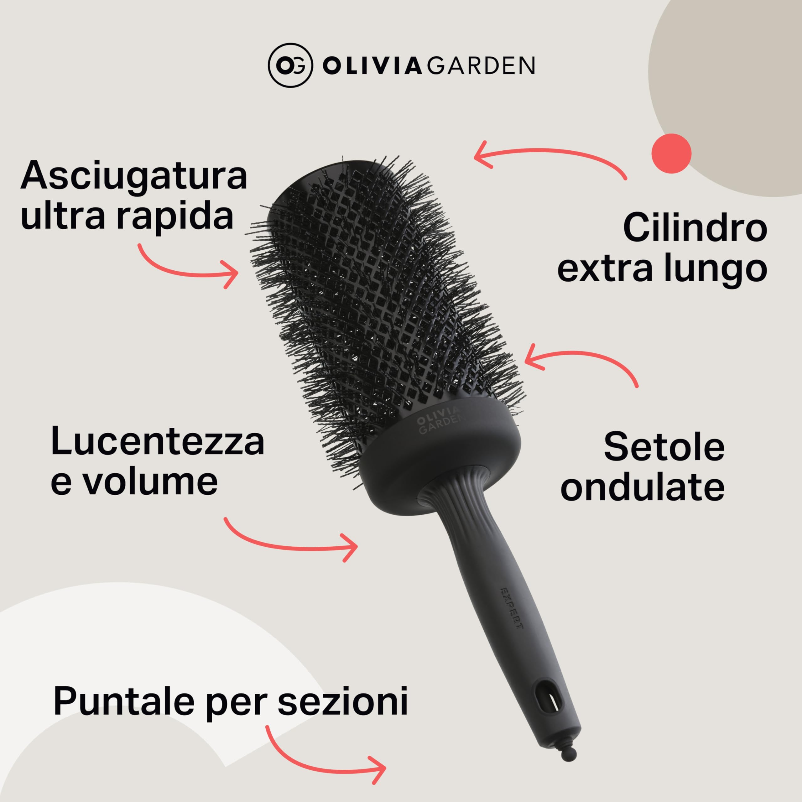 Olivia Garden Expert Blowout Speed Black Label – Nero opaco - 65 - Spazzola rotonda in ceramica con corpo extra lungo per messe in piega 25% più veloci