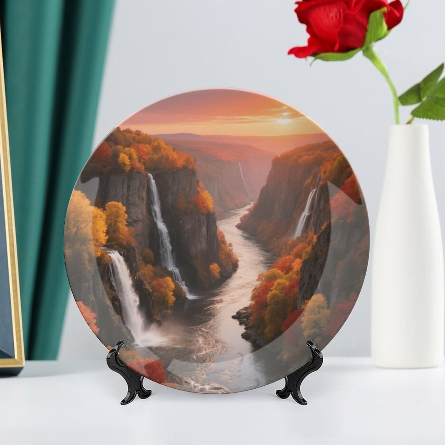 Bone China Decorative Plates Autumn Canyons Ceramic Decorative Plate Wall Decor with Display Stand Ceramic Ornaments for Wall Hanging Decoration