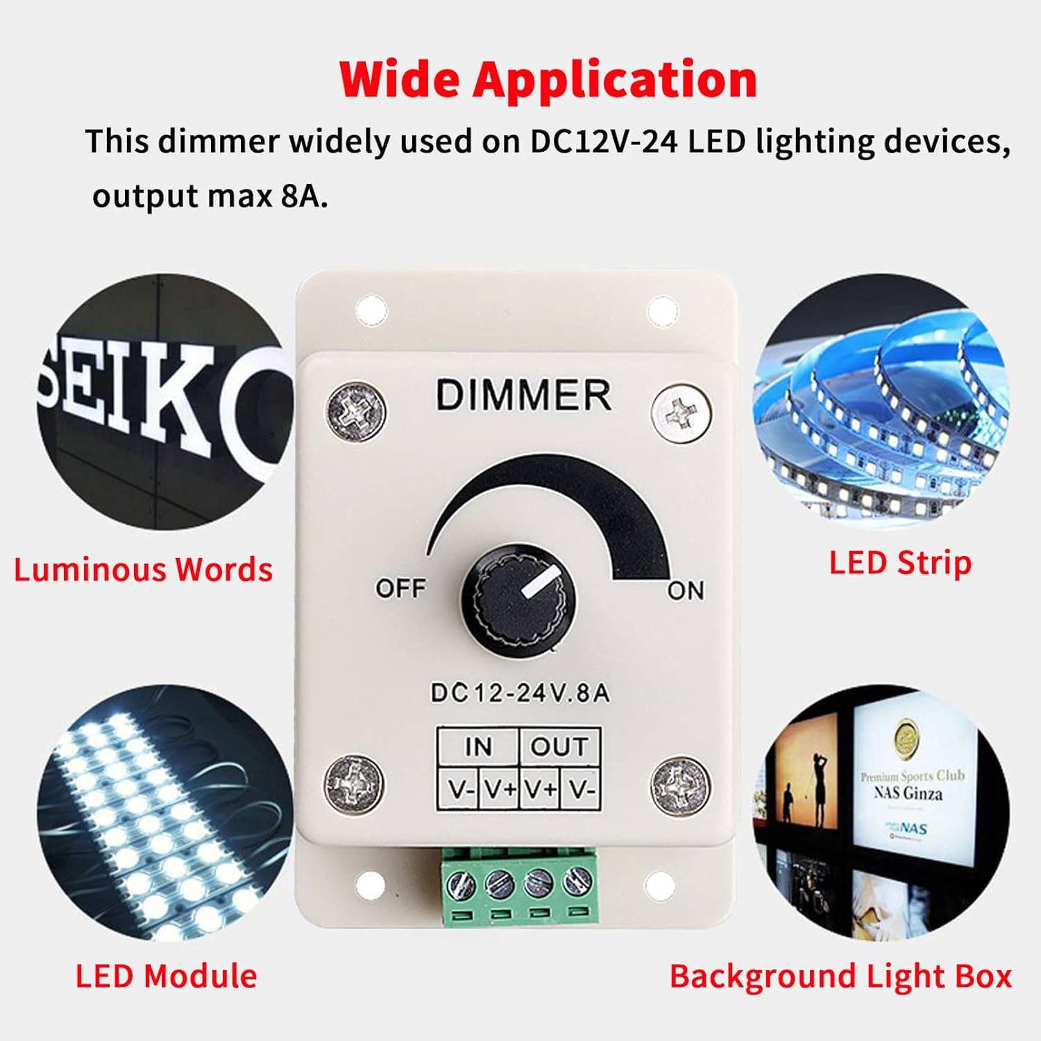 TECHZOCO Regulador de intensidad tira LED, regulador de voltaje con botón giratorio, controlador de atenuación PWM, adecuado para tira LED 5050 3528 | DC 12V-24V 8A