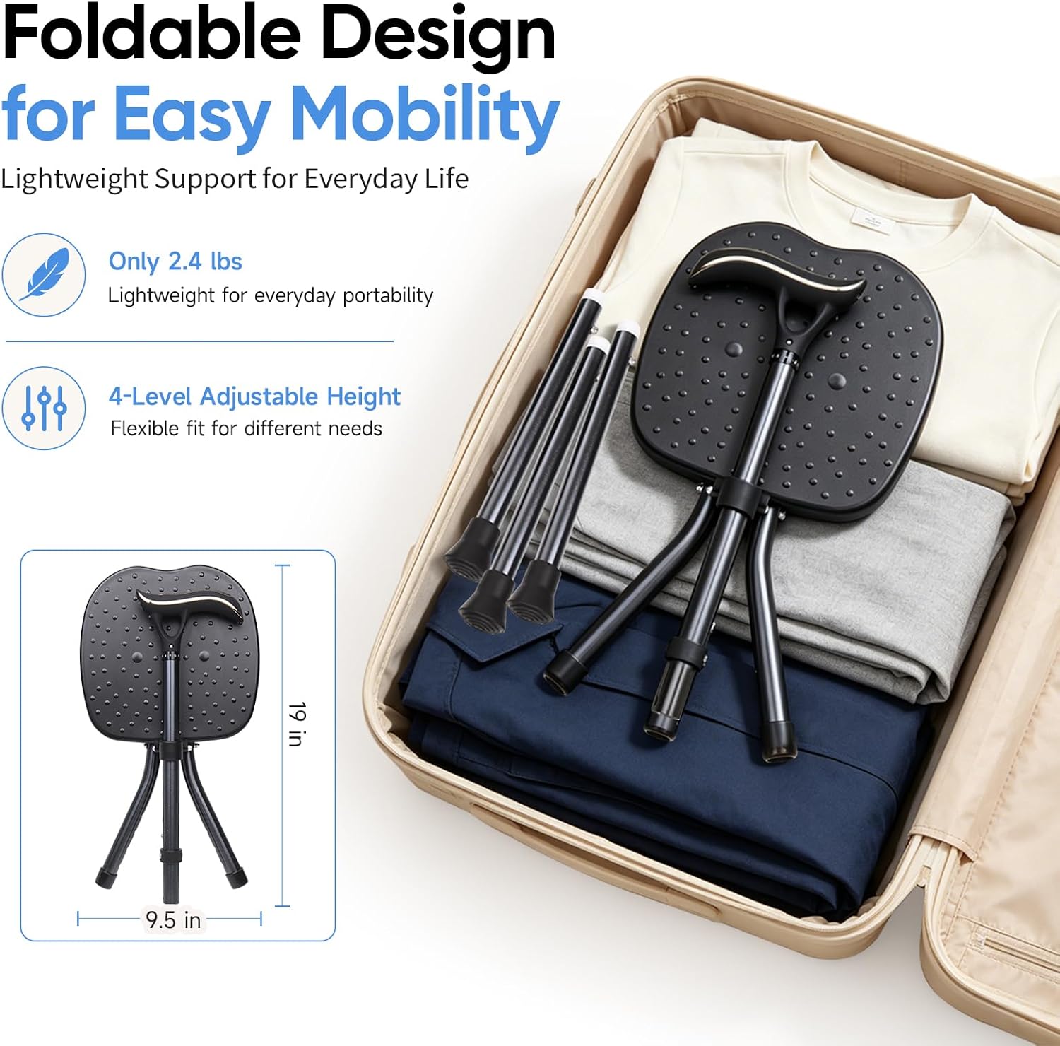 Walking Cane with Seat, Rechargeable LED and 100 dB Alarm, Lightweight Folding Cane Chair for Adults and Seniors, 300 lb Capacity, 4-Level Adjustable
