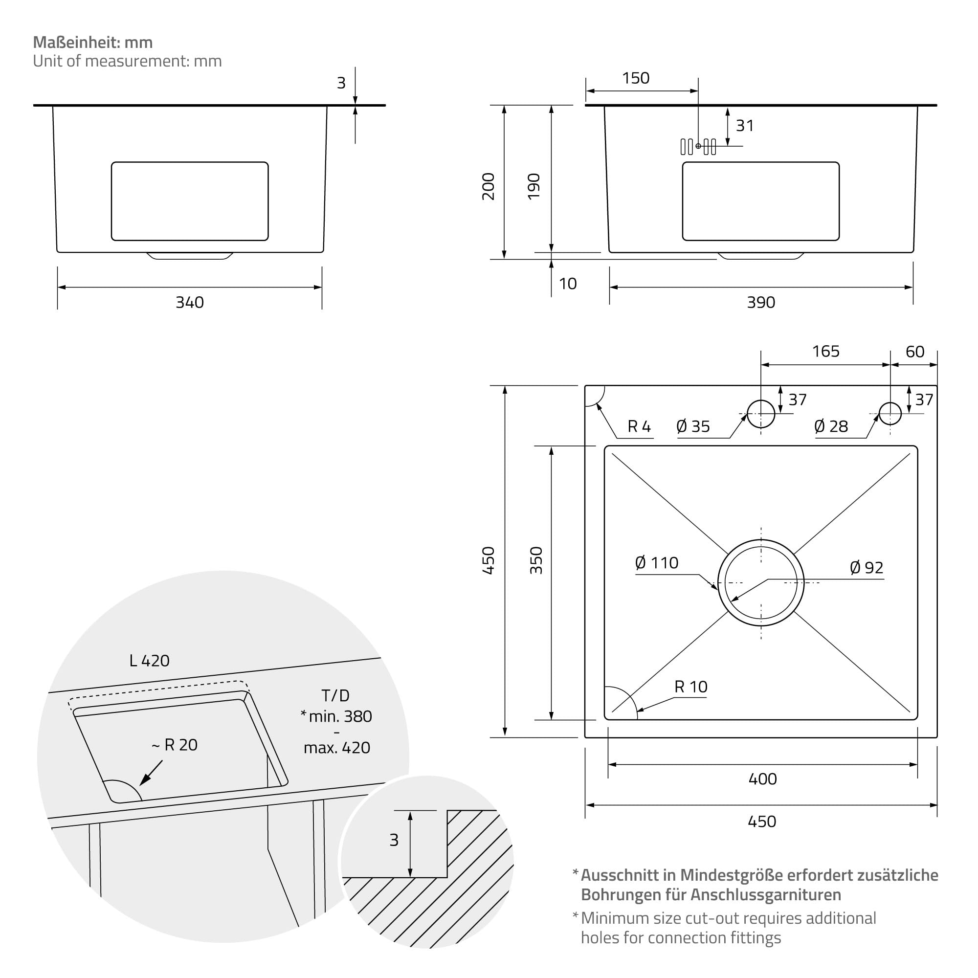 ML-Design Lavello in Acciaio Inox 45x45 cm Lavabo da Cucina Quadrato Argento 1 Vasca Lavandino da Incasso con Set di Scarico e Troppopieno Vasca Singola con Sifone