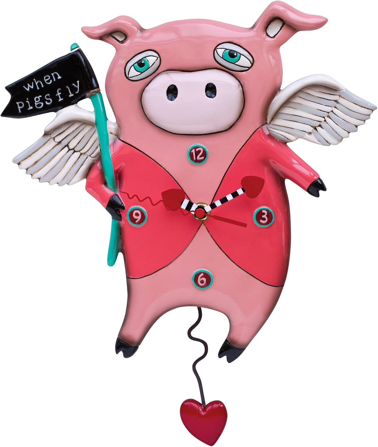 Enesco Allen Designs When Pigs Fly Hearts Sculpted Pendulum Wall Clock, 13.5 Inch, Multicolor