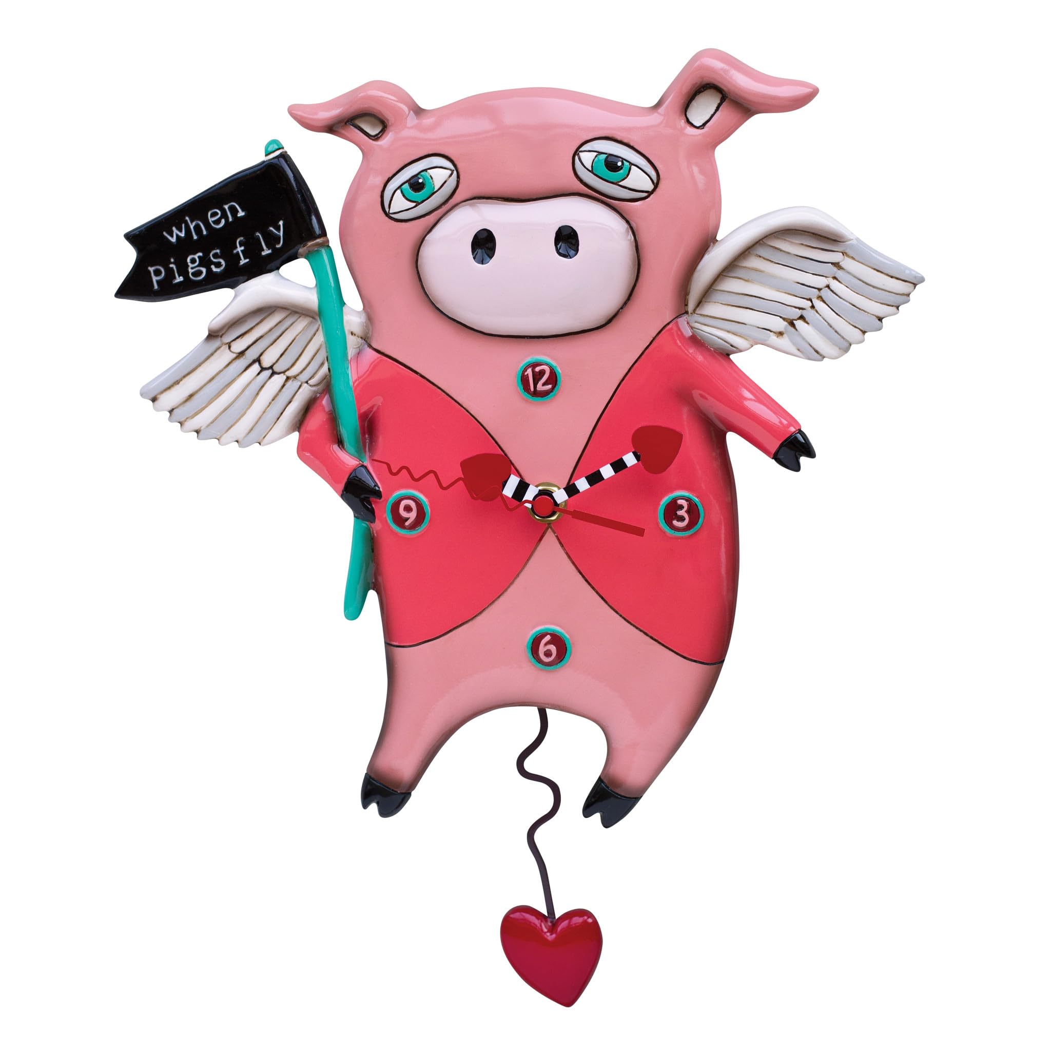 Enesco Allen Designs When Pigs Fly Hearts Sculpted Pendulum Wall Clock, 13.5 Inch, Multicolor