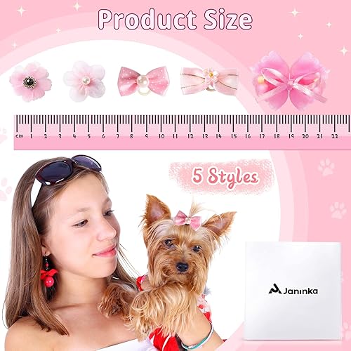 Miniatura 2 de Janinka 40 lazos para perros lindos lazos para el pelo de cachorro con bandas de goma, encaje de organza y perlas de diamantes de imitación,
