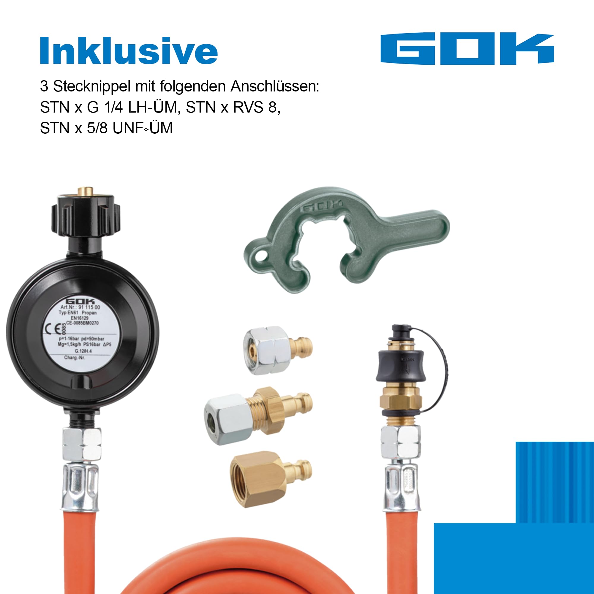 Druckminderer Gas GOK Niederdruckgasregler Typ EN61-DS PS 16 Bar Mit Überdrucksicherheitseinrichtung, - GOK 9115010 Schlauchbruchsicherung Gas