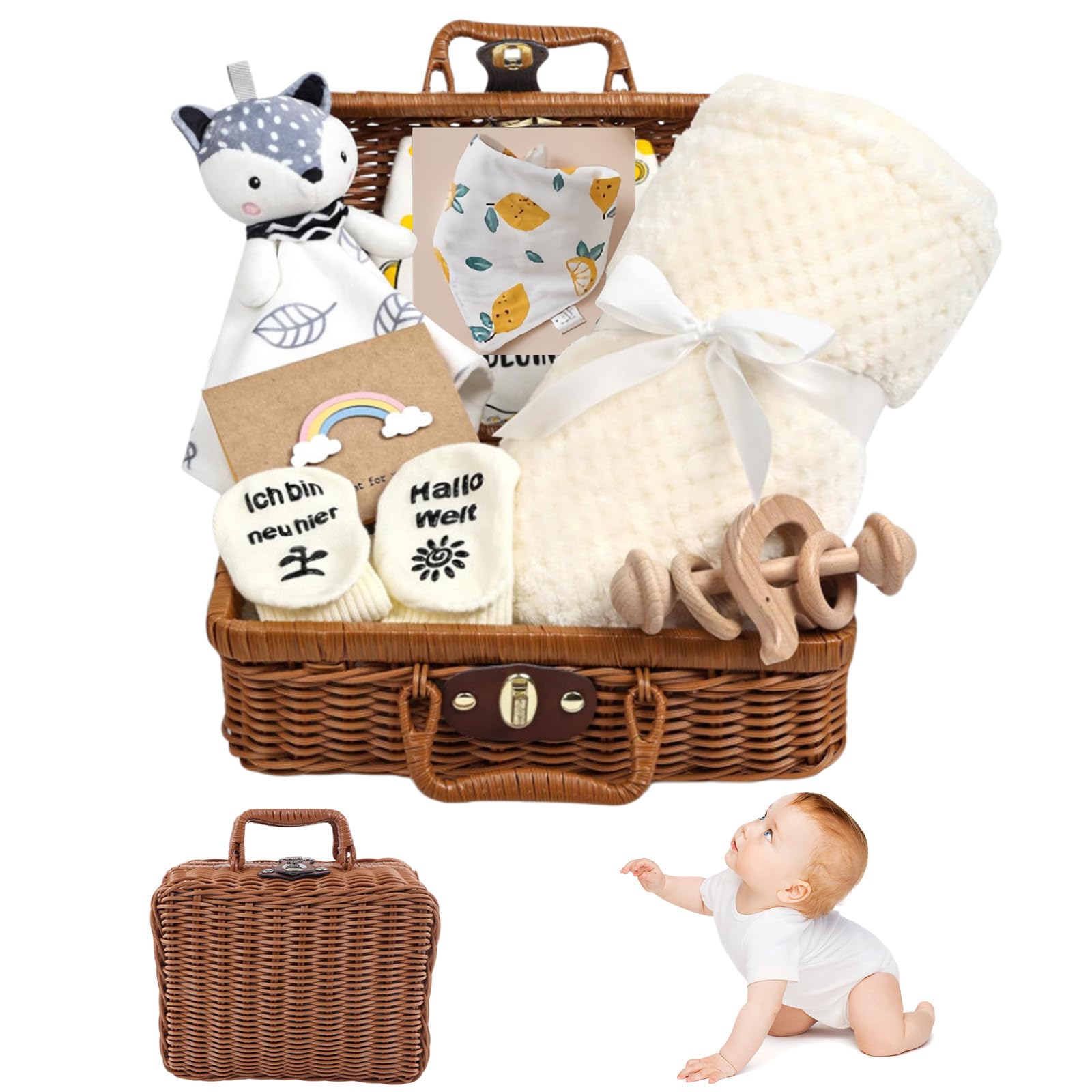 Regalo para recién nacidos, juego de regalo 7 en 1 para niños y niñas con manta de bebé, sonajero de madera con elefante, babero, calcetines, en caja de regalo, regalo de nacimiento de bebé