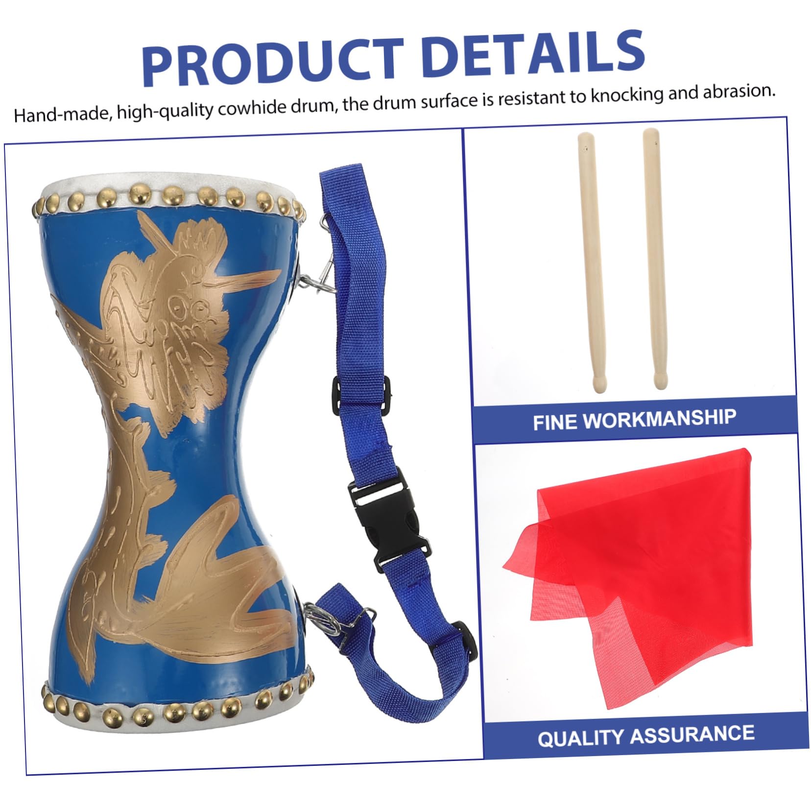 Tambour à Main Professionnel en Cuir de Vache Portable Sangle Réglable, Instrument de Performance Chinois pour Danse et Fitness, Diamètre 12-14cm