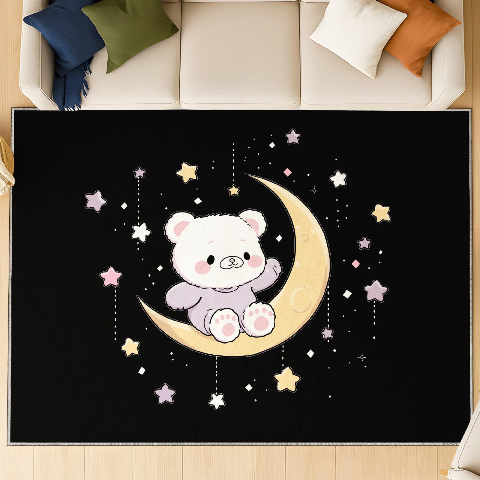 Generisch 80 x 150 cm Teppich Fantasy Cartoon Traumhaft Teppiche Mond Teddybär Schwarz Teppiche & Klettverschluss Maschinenwaschbar für Dekoration Schlafzimmer Kinderzimmer Wohnzimmer