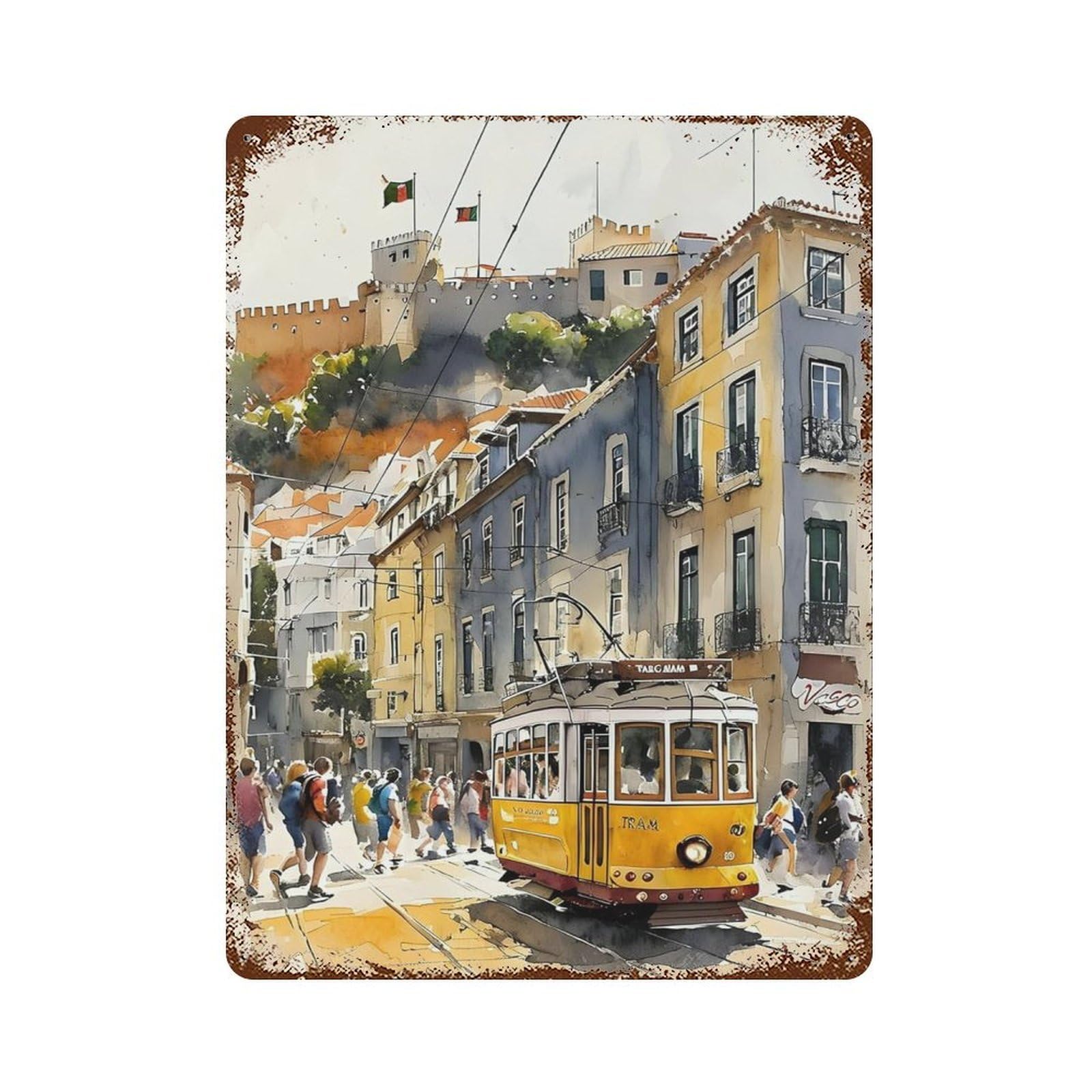 xiaoxiaoshen Vintage Landmark Lisbon Yellow Tram Wall Decor Art Metal Tin Poster Modern Home Decor Art Home Bar Shop Decorations Vintage Sign 40x30cm