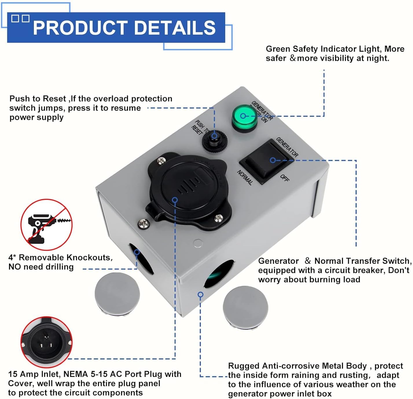 Detailed view of OPL5 15A Manual Generator Transfer Switch components
