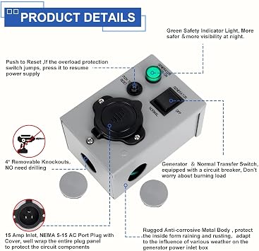 15A Manual Generator Transfer Switch, Pre Punched Knockouts,125V Weatherproof NEMA 5-15P Inlet Circuit Breaker for Generators Indoor and Outdoor Use, ETL Listed
