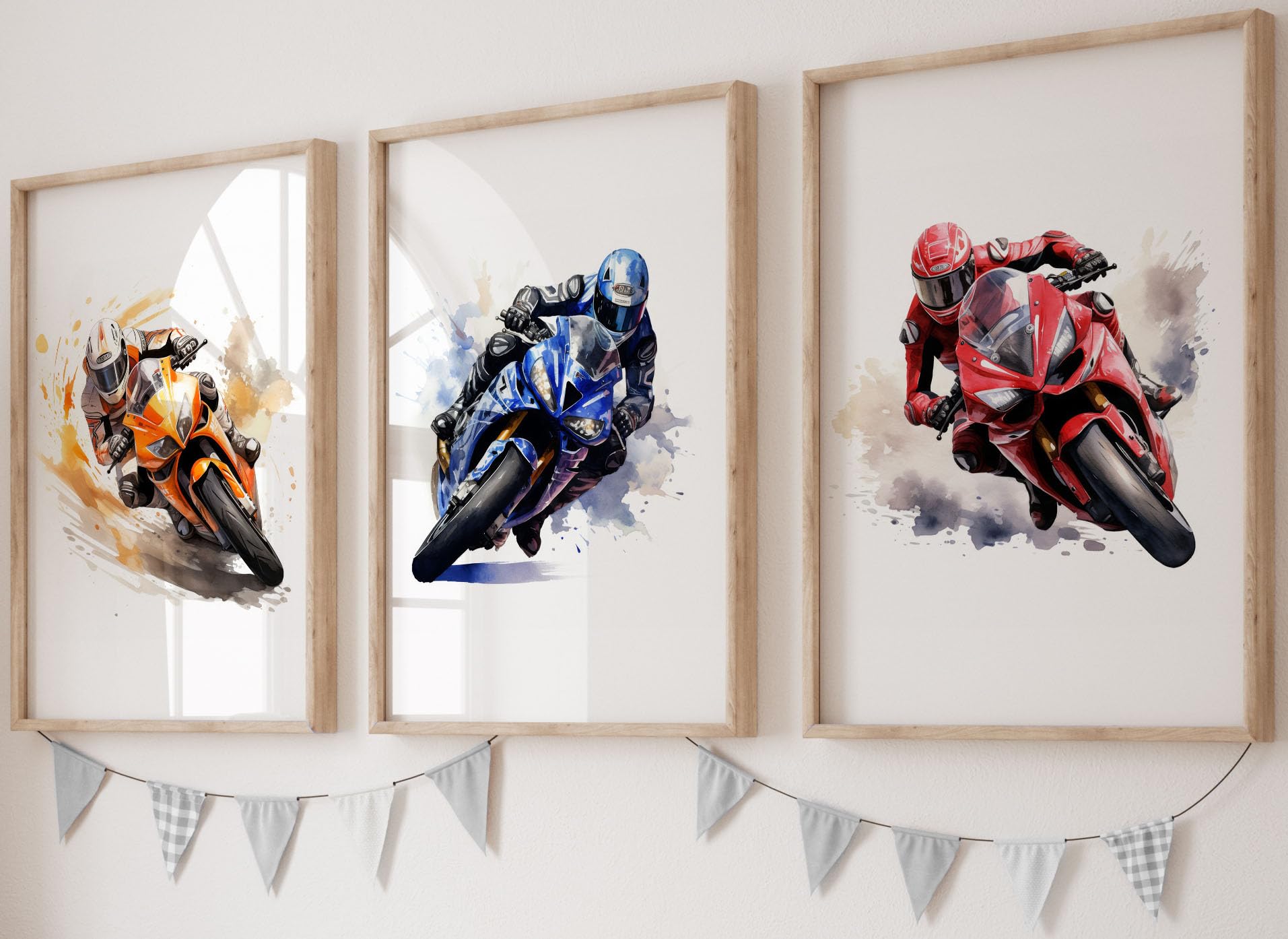 Motorbikes Set of 3 Unframed Poster Prints for Boy Nursery Bedroom Playroom, Watercolour Splash Design, Wall Art Motorcycle Transport Decor, Red Blue Orange (A4) โ image 1