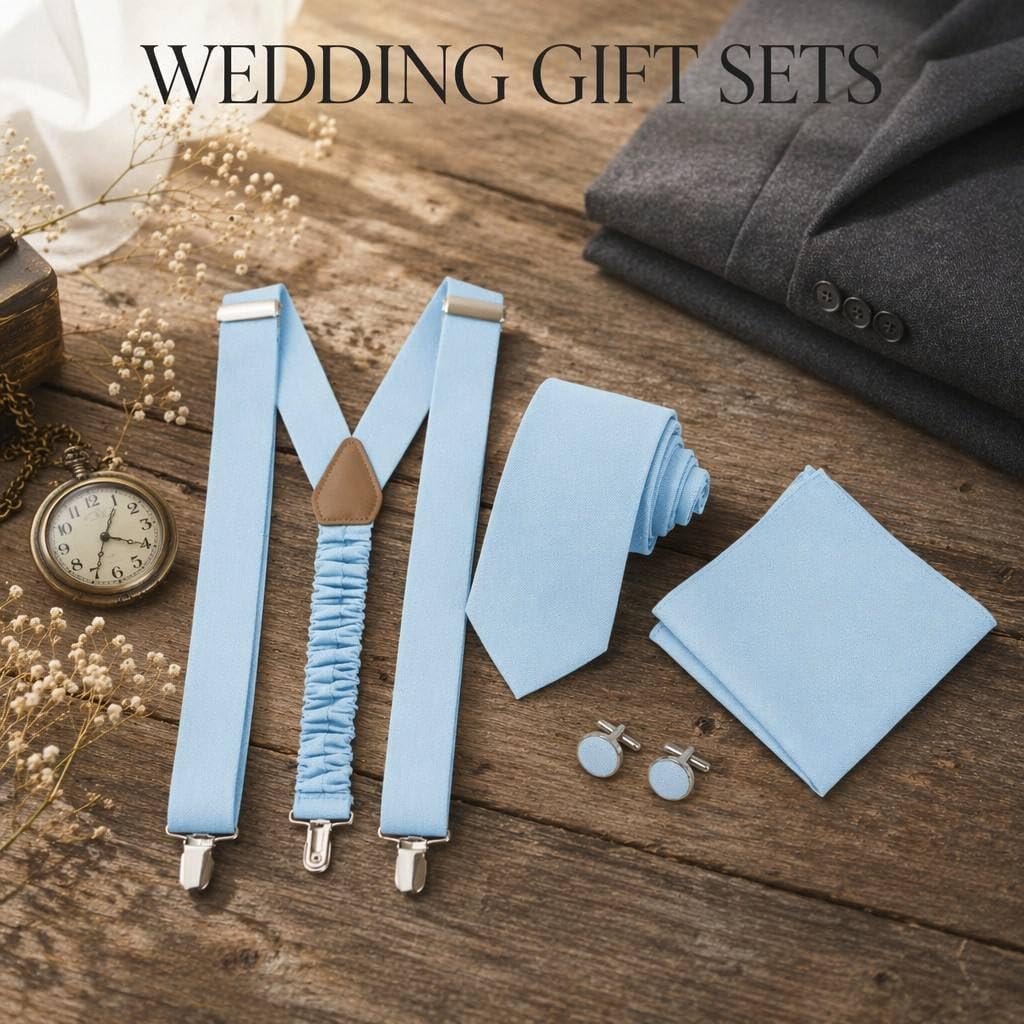 Linen Suspender Set for Men Matching Tie Pocket Square Cufflinks Kit Adjustable Elastic Clip Braces Wedding Coordinate