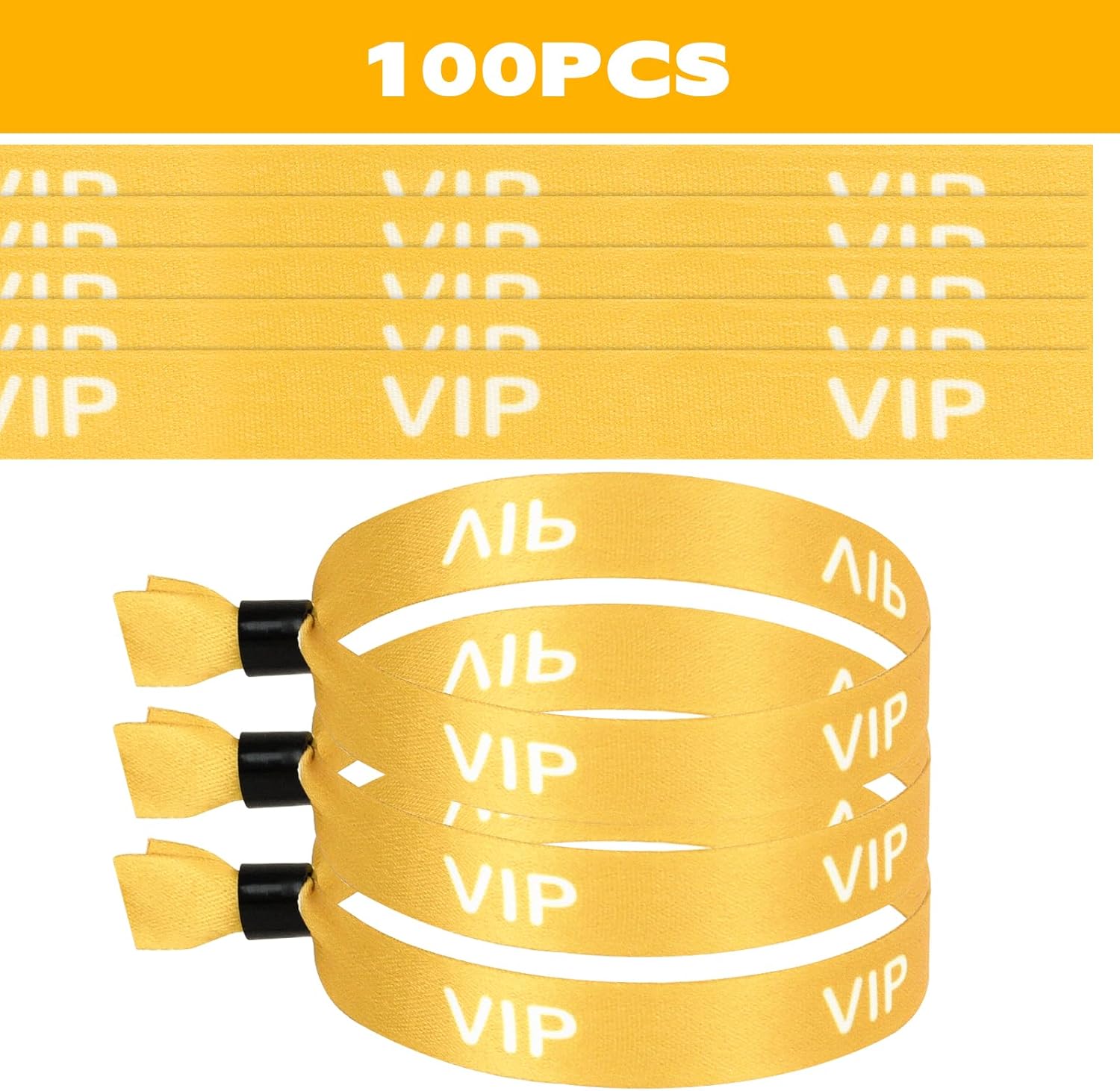 100 Pack VIP Wristbands for Events, Secure Tamper-Proof Cloth Identification Bracelets with One-Time Lock, Adjustable Heat Transfer Printed Entry Bands for Festivals and Parties, Yellow