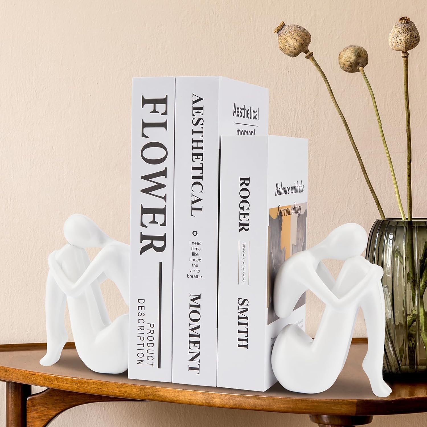 White Decorative Bookends, Girl Thinker Design, Modern Resin Book Stoppers, Non-Skid Heavy Duty, 1Pair/2Piece