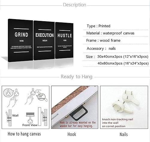 Vista 151 de Lienzo enmarcado, arte para pared con cita de éxito, póster grande negro, impresiones motivacionales, definición de fracaso y ejecución, impresión