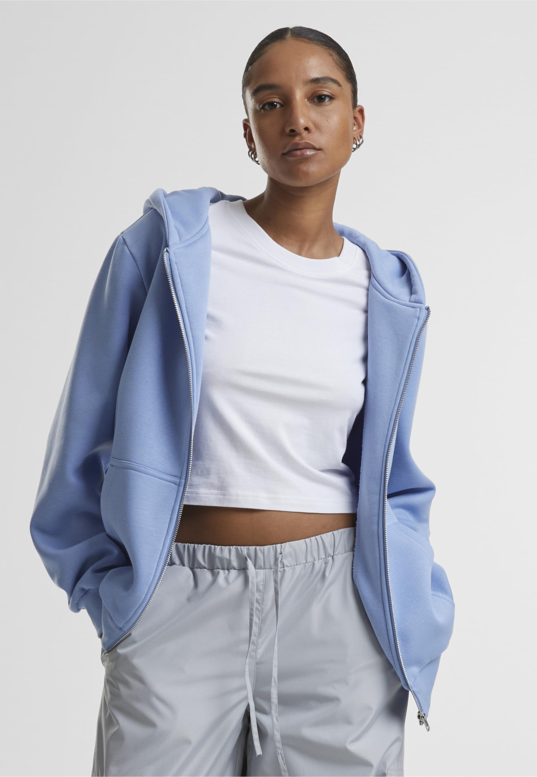Urban Classics Damska bluza z kapturem, puszysta bluza z kapturem, z zamkiem b?yskawicznym, lu?ny krój, Powderblue, M